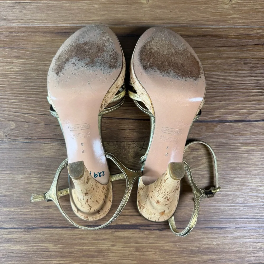 Coach Stephany Strappy Sandal Metallic Gold Size 8 Cork‎ Platform Heel Italy
